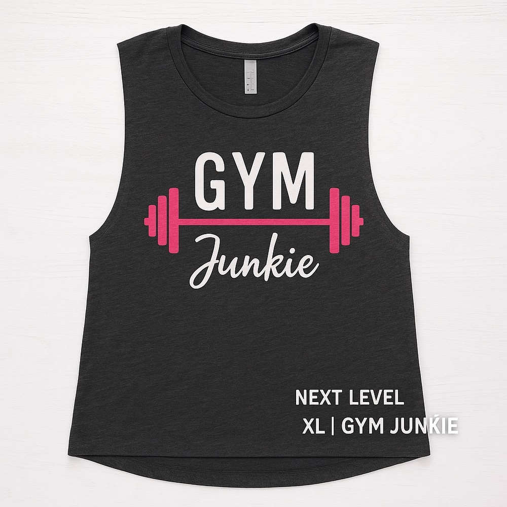 Gym Junkie Tank Top XL – Bombshell Fitness x Next Level – Charcoal Gray Muscle T